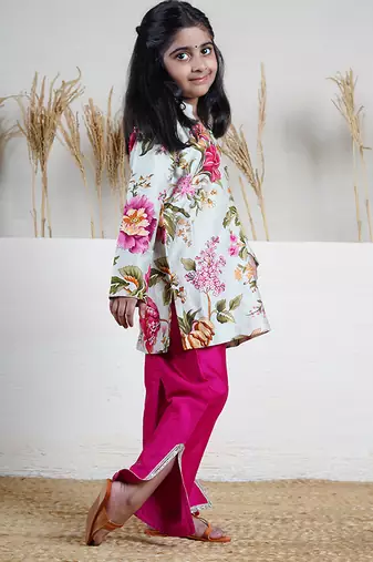 White floral printed chanderi kurta set