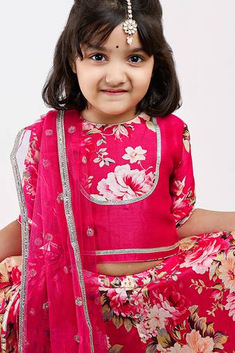 Pink floral printed chanderi lehenga