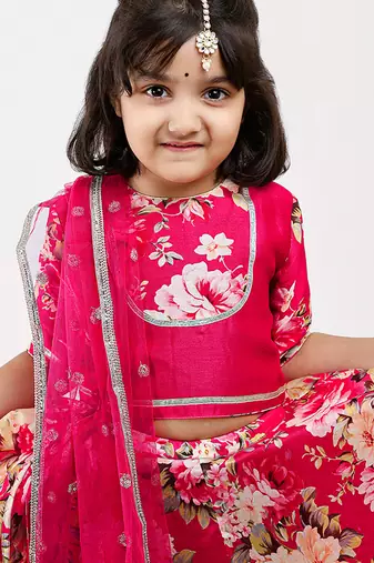 Pink floral printed chanderi lehenga