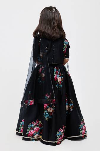 Black floral printed chanderi lehenga