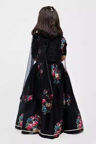Black floral printed chanderi lehenga