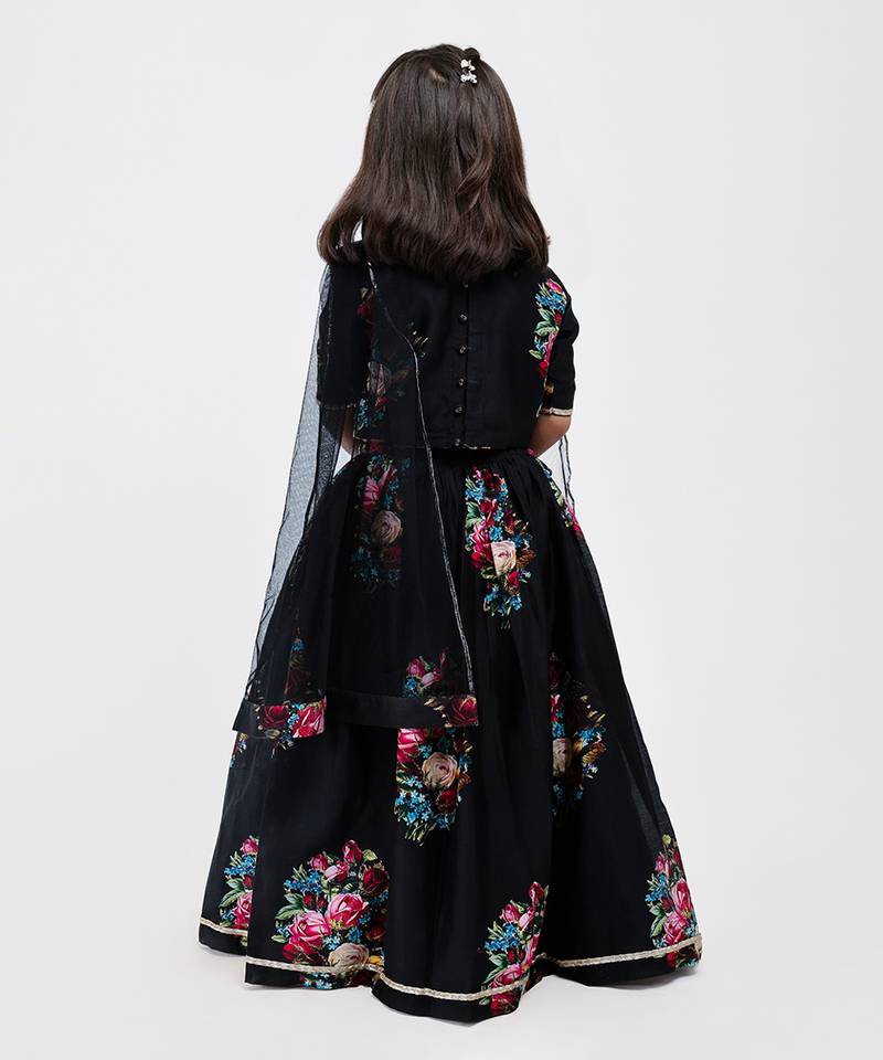 Black floral printed chanderi lehenga