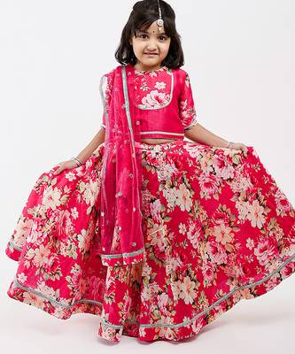 Pink floral printed chanderi lehenga 1