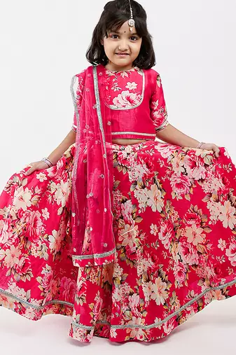 Pink floral printed chanderi lehenga