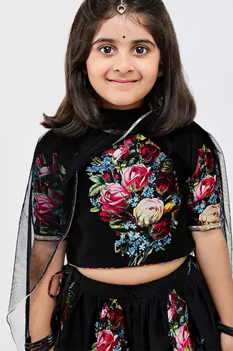 Black floral printed chanderi lehenga