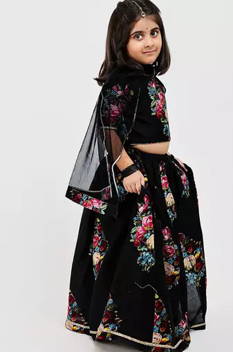 Black floral printed chanderi lehenga