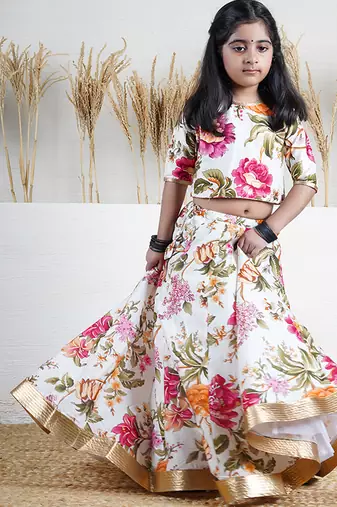 White floral printed chanderi lehenga