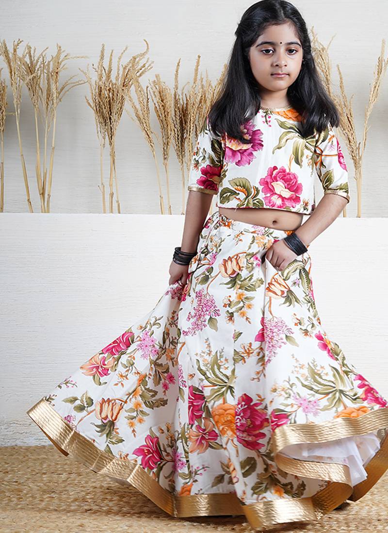 White floral printed chanderi lehenga