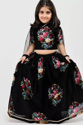 Black floral printed chanderi lehenga