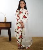 White floral printed chanderi kurta set