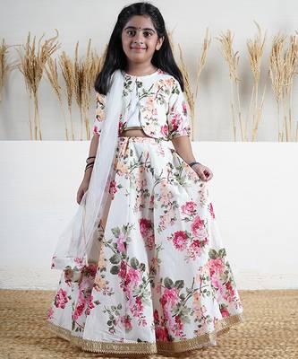 White floral printed chanderi lehenga 1