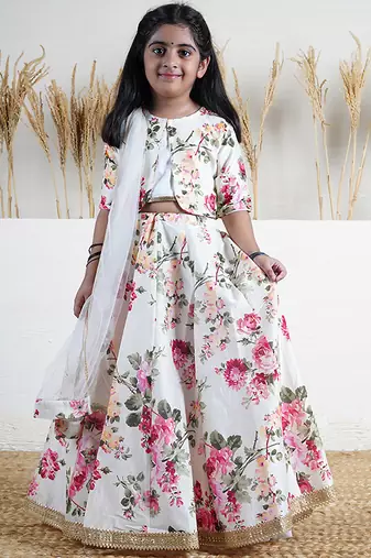 White floral printed chanderi lehenga