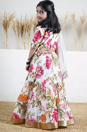 White floral printed chanderi lehenga