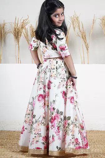 White floral printed chanderi lehenga