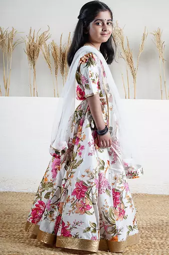 White floral printed chanderi lehenga