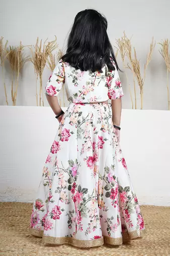 White floral printed chanderi lehenga