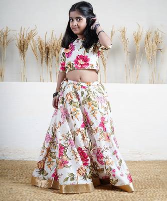 White floral printed chanderi lehenga 4