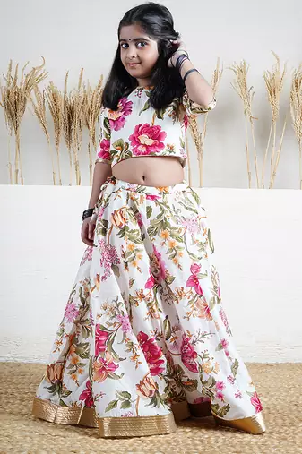 White floral printed chanderi lehenga