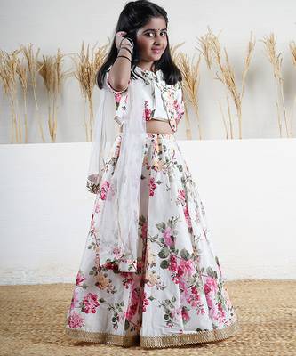 White floral printed chanderi lehenga 4