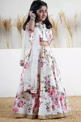 White floral printed chanderi lehenga
