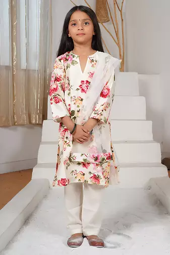 White floral printed chanderi kurta set
