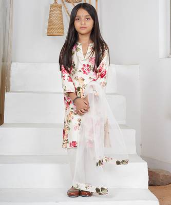 White floral printed chanderi kurta set 1