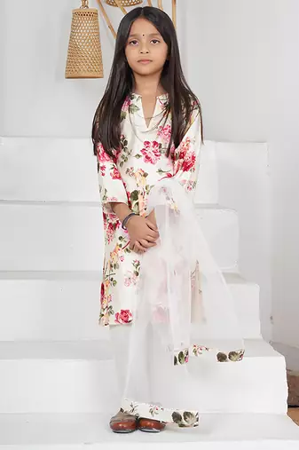White floral printed chanderi kurta set