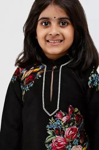 Black floral printed chanderi kurta set