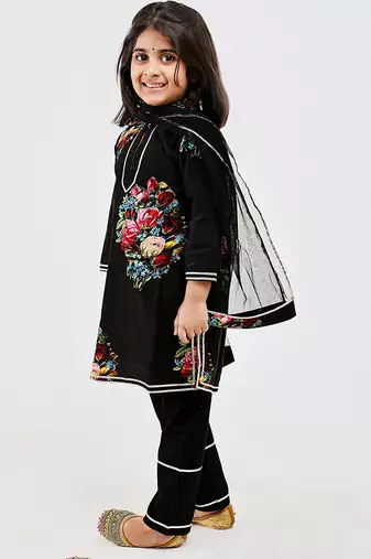 Black floral printed chanderi kurta set