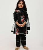 Black floral printed chanderi kurta set