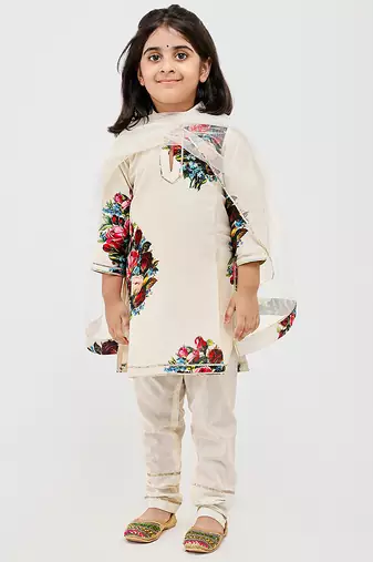 White floral printed chanderi kurta set