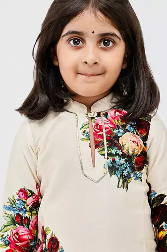 White floral printed chanderi kurta set