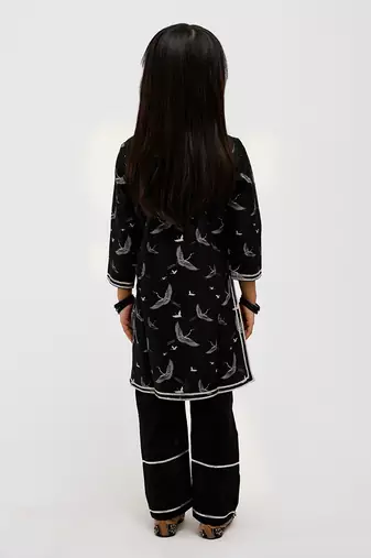 Black floral printed chanderi kurta set