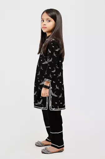 Black floral printed chanderi kurta set
