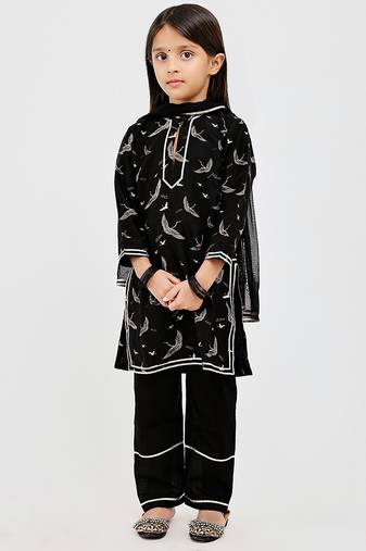 Black floral printed chanderi kurta set