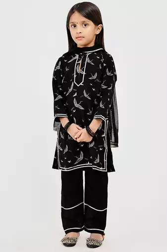 Black floral printed chanderi kurta set