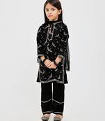 Black floral printed chanderi kurta set