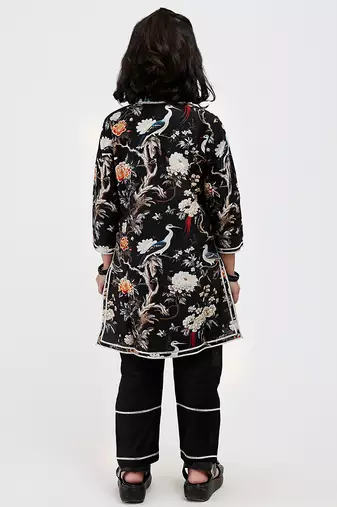 Black floral printed chanderi kurta set
