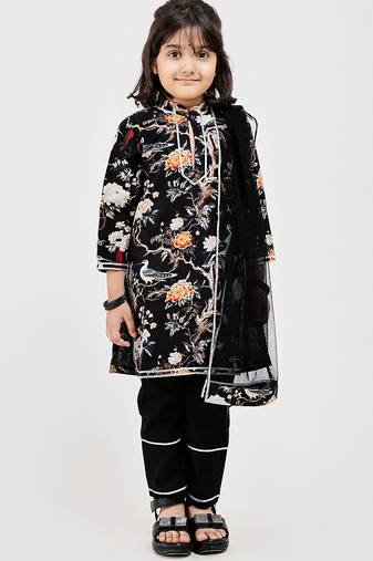 Black floral printed chanderi kurta set