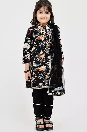 Black floral printed chanderi kurta set
