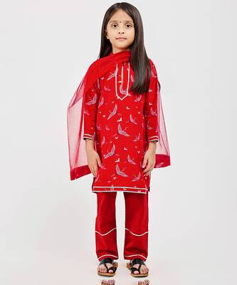 Red floral printed chanderi kurta set 1