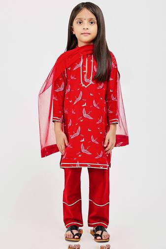 Red floral printed chanderi kurta set