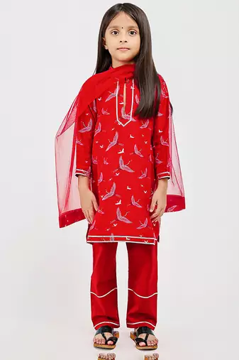 Red floral printed chanderi kurta set