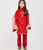 Red floral printed chanderi kurta set