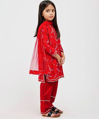 Red floral printed chanderi kurta set 2