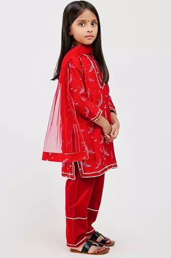Red floral printed chanderi kurta set
