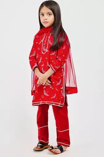 Red floral printed chanderi kurta set