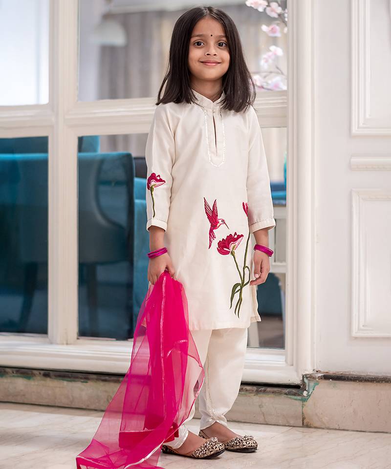 White floral printed chanderi kurta set