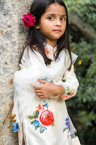 White floral printed chanderi kurta set