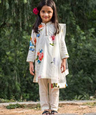 White floral printed chanderi kurta set 1